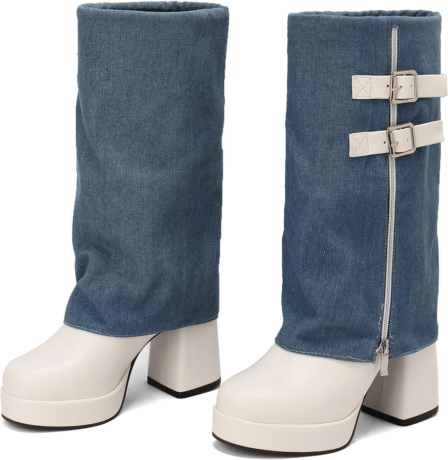 Womens Platform Fold Over Mid Calf Boots Ladies Chunky Block Heel Boots Fashion Side Zipper Round Toe Heeled Booties