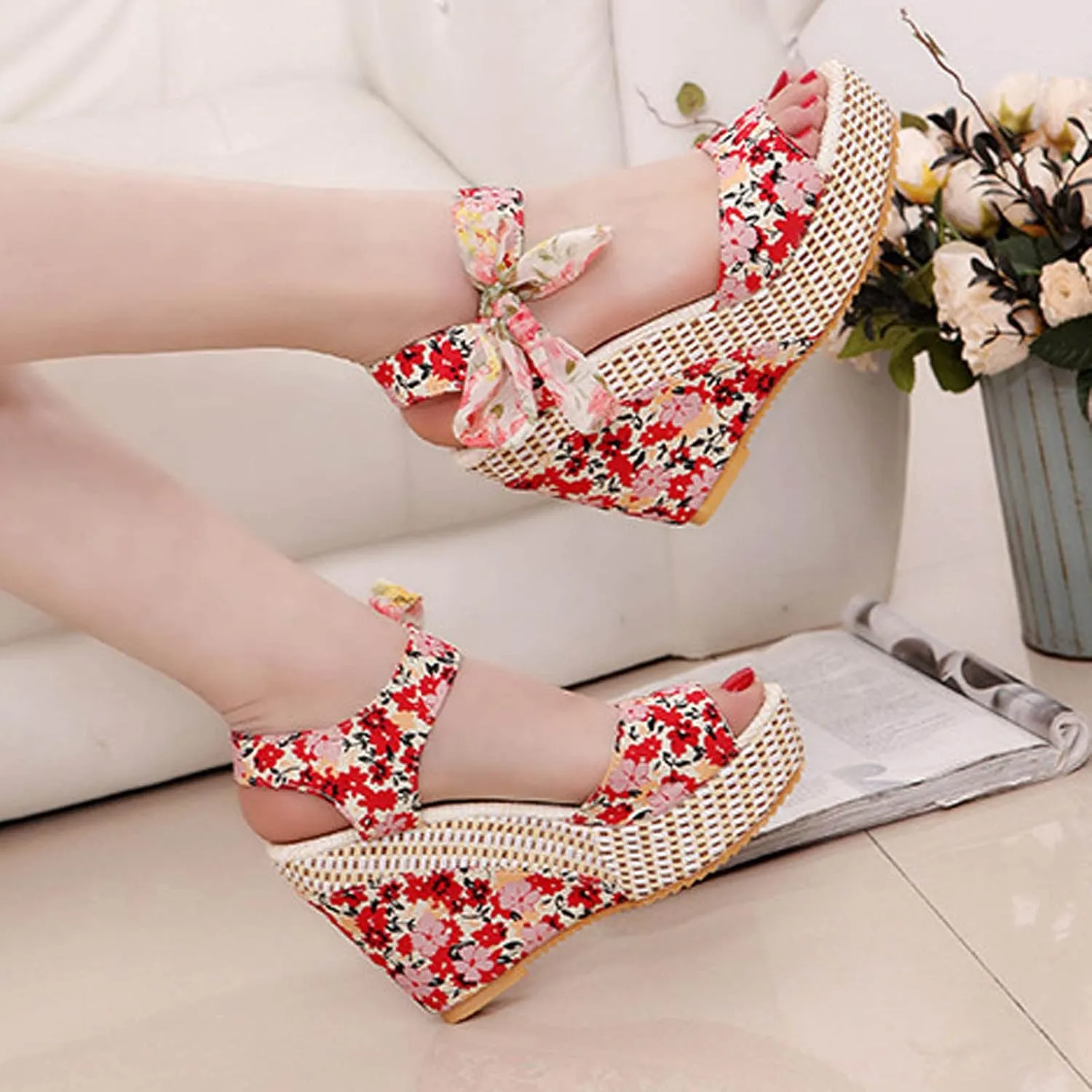 Women's Printed Wedge Sandals, Fashion Platform Cross Ankle Strap Bow Open Toe Summer High Heel Casual Sandals