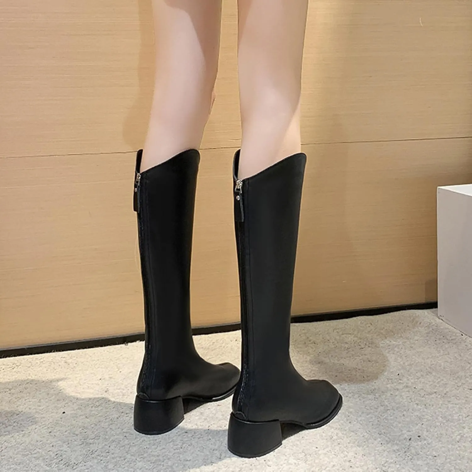 Women's PU Chunky Heel Pointed Toe Knee High Boots Comfortable Zipper Fall Winter Fashion Wedding Party Dress Boots