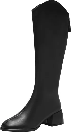 Women's PU Chunky Heel Pointed Toe Knee High Boots Comfortable Zipper Fall Winter Fashion Wedding Party Dress Boots