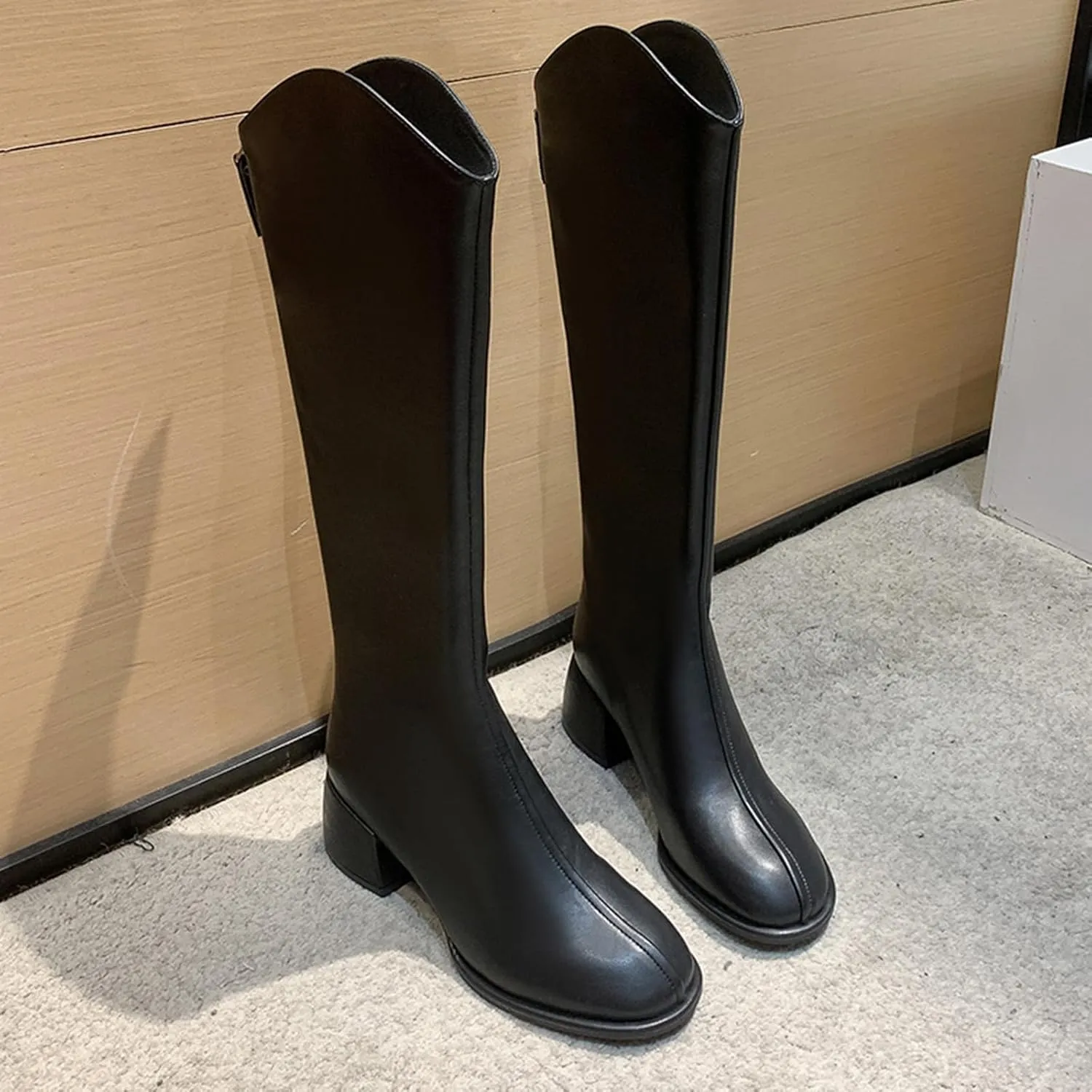 Women's PU Chunky Heel Pointed Toe Knee High Boots Comfortable Zipper Fall Winter Fashion Wedding Party Dress Boots