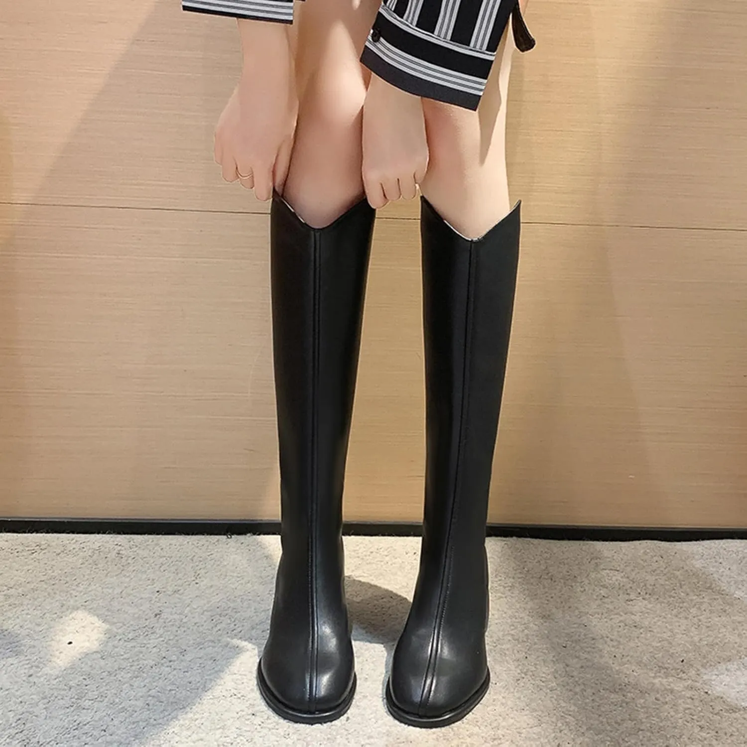 Women's PU Chunky Heel Pointed Toe Knee High Boots Comfortable Zipper Fall Winter Fashion Wedding Party Dress Boots
