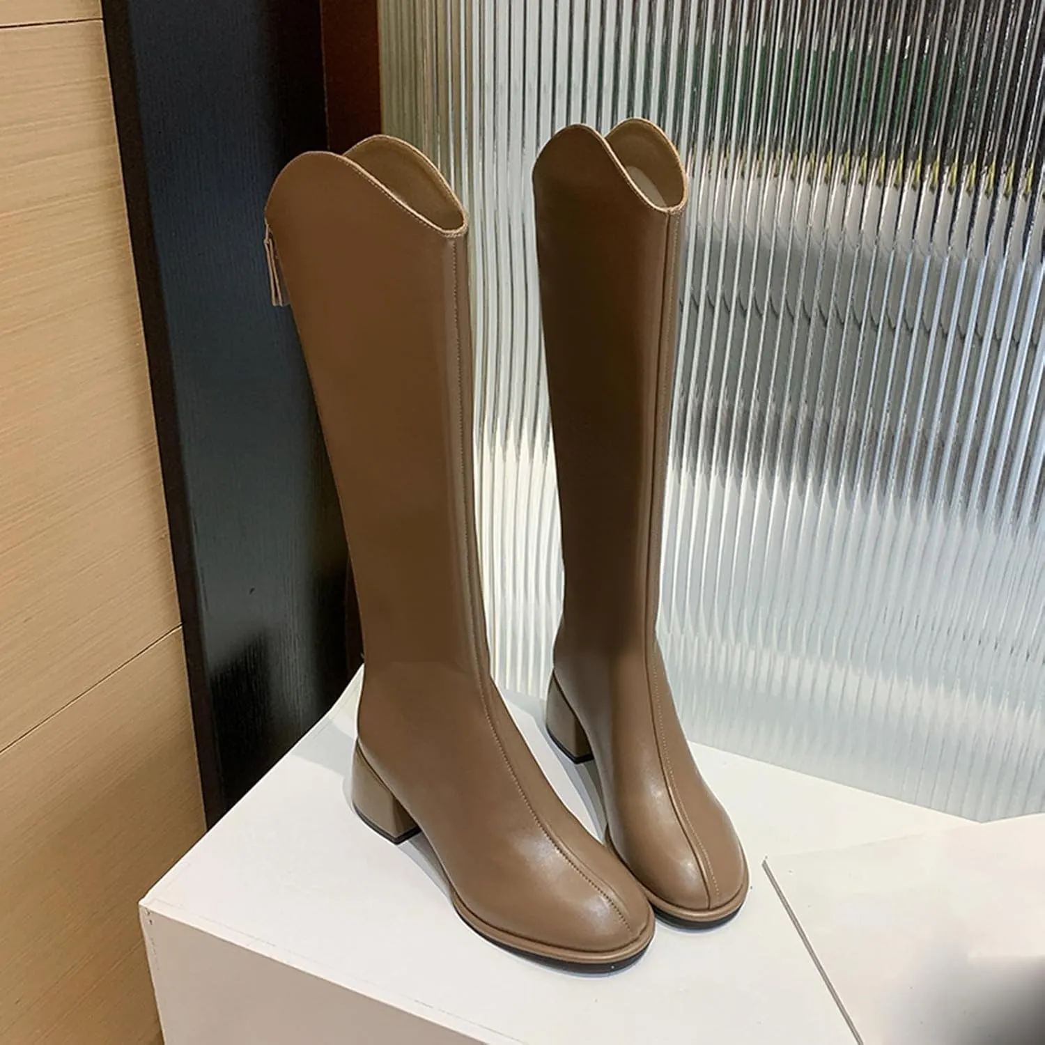 Women's PU Chunky Heel Pointed Toe Knee High Boots Comfortable Zipper Fall Winter Fashion Wedding Party Dress Boots