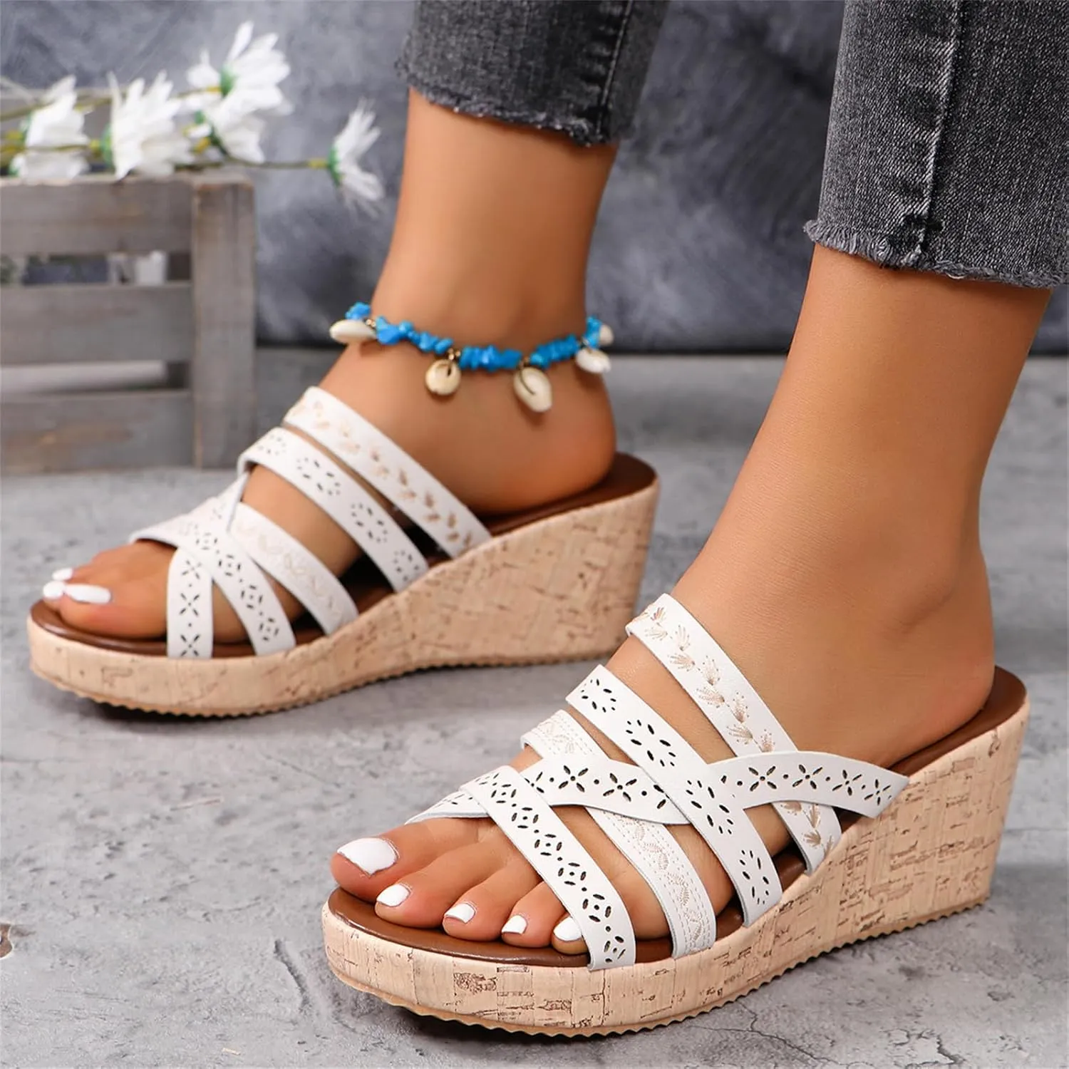 Womens Resort Wedge Sandals Dressy Casual Slip on Sandal Shoes Slip on Comfortable Walking Slides with Rubber Sole