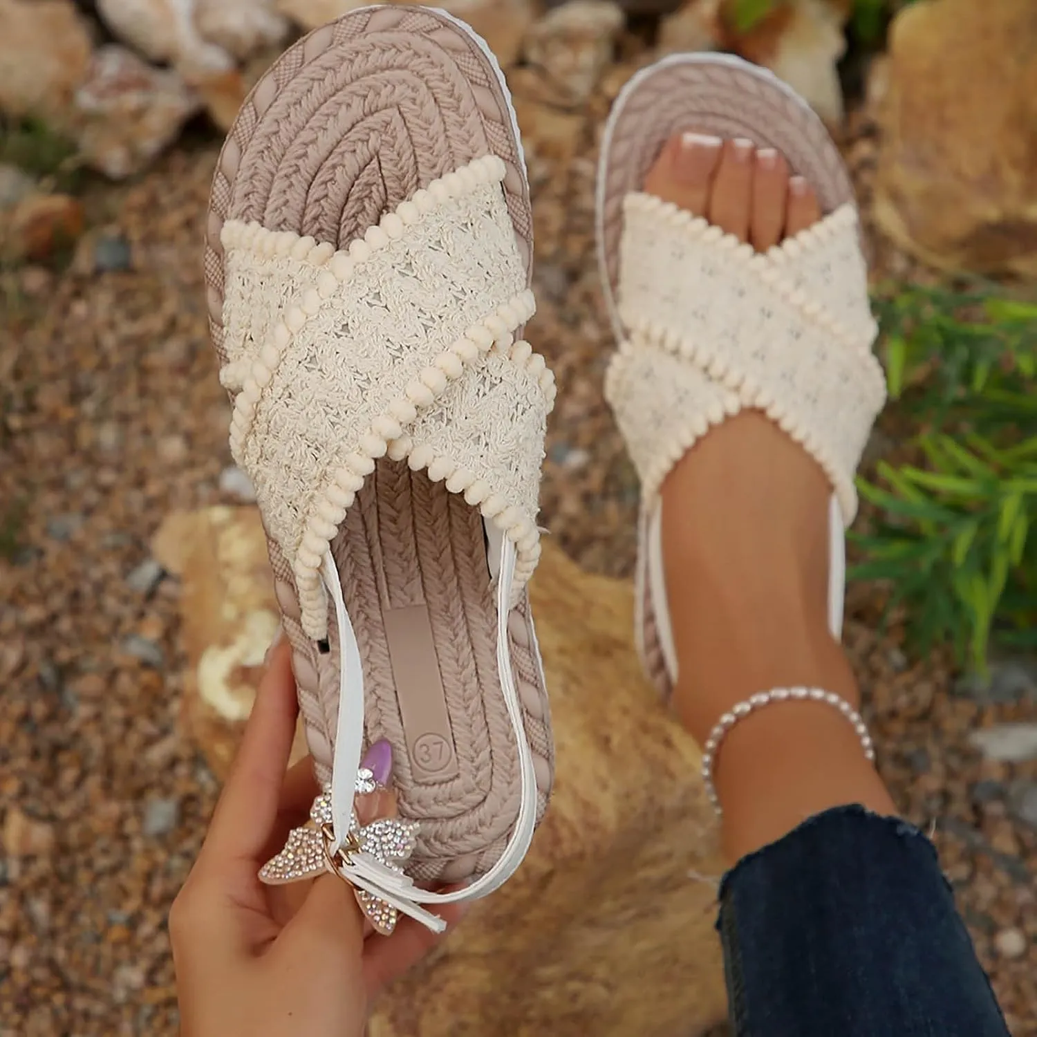 Womens Sandals Shoes Fashion Classic Fit Casual Athletic Yoga Mat Sandals Elastic Jeweled Bohemian Flats