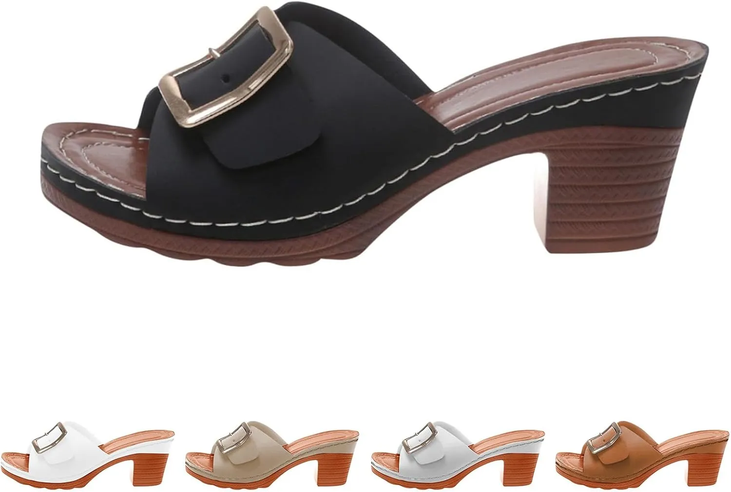 Womens Slide Sandals Wide Width Summer Non Slip Casual Slippers Comfortable Low Chunky Heel Dress Heels with Metal Buckle Wedges Sandals