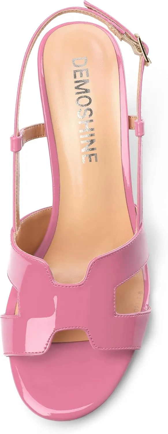 Women's Slingback Strappy Heels Open Round Toe Low kitten Heeled Sandals Patent Buckle Shoes for Women Comfortable Casual 1.5 Inch