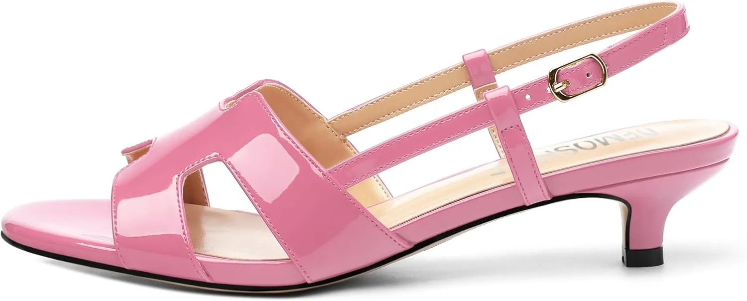 Women's Slingback Strappy Heels Open Round Toe Low kitten Heeled Sandals Patent Buckle Shoes for Women Comfortable Casual 1.5 Inch