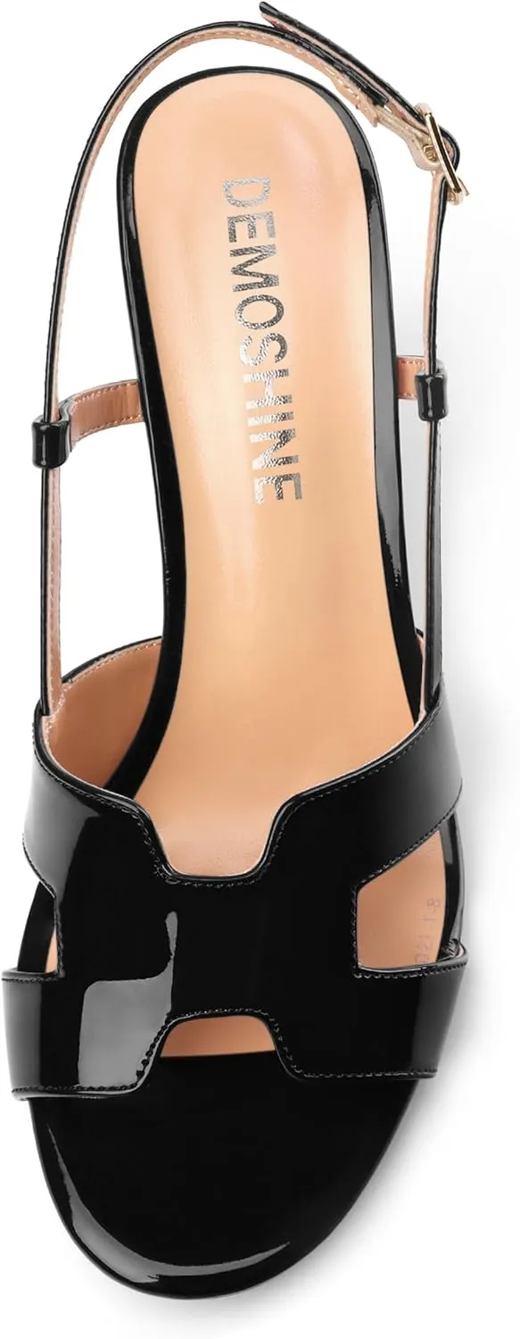 Women's Slingback Strappy Heels Open Round Toe Low kitten Heeled Sandals Patent Buckle Shoes for Women Comfortable Casual 1.5 Inch