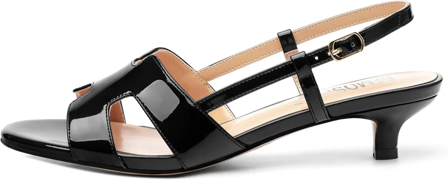 Women's Slingback Strappy Heels Open Round Toe Low kitten Heeled Sandals Patent Buckle Shoes for Women Comfortable Casual 1.5 Inch