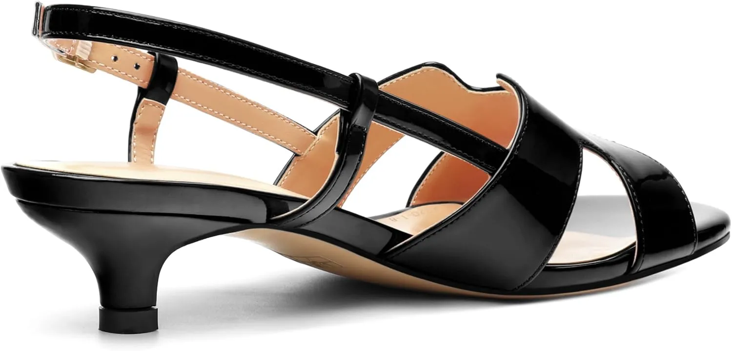 Women's Slingback Strappy Heels Open Round Toe Low kitten Heeled Sandals Patent Buckle Shoes for Women Comfortable Casual 1.5 Inch