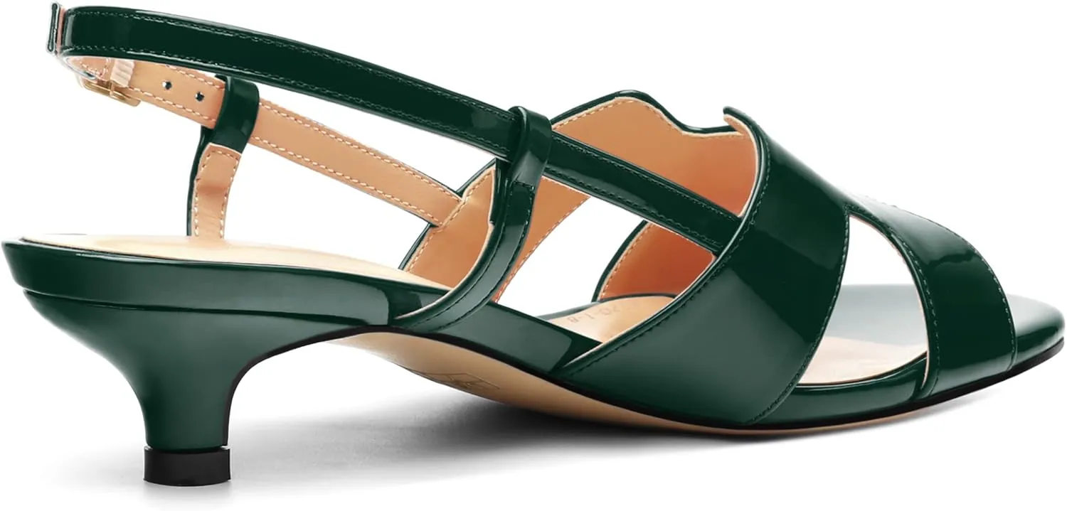 Women's Slingback Strappy Heels Open Round Toe Low kitten Heeled Sandals Patent Buckle Shoes for Women Comfortable Casual 1.5 Inch