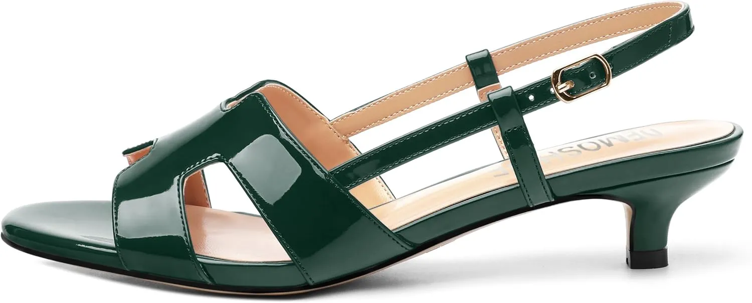Women's Slingback Strappy Heels Open Round Toe Low kitten Heeled Sandals Patent Buckle Shoes for Women Comfortable Casual 1.5 Inch