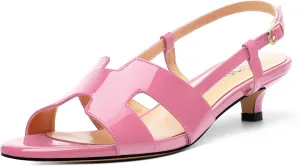Women's Slingback Strappy Heels Open Round Toe Low kitten Heeled Sandals Patent Buckle Shoes for Women Comfortable Casual 1.5 Inch