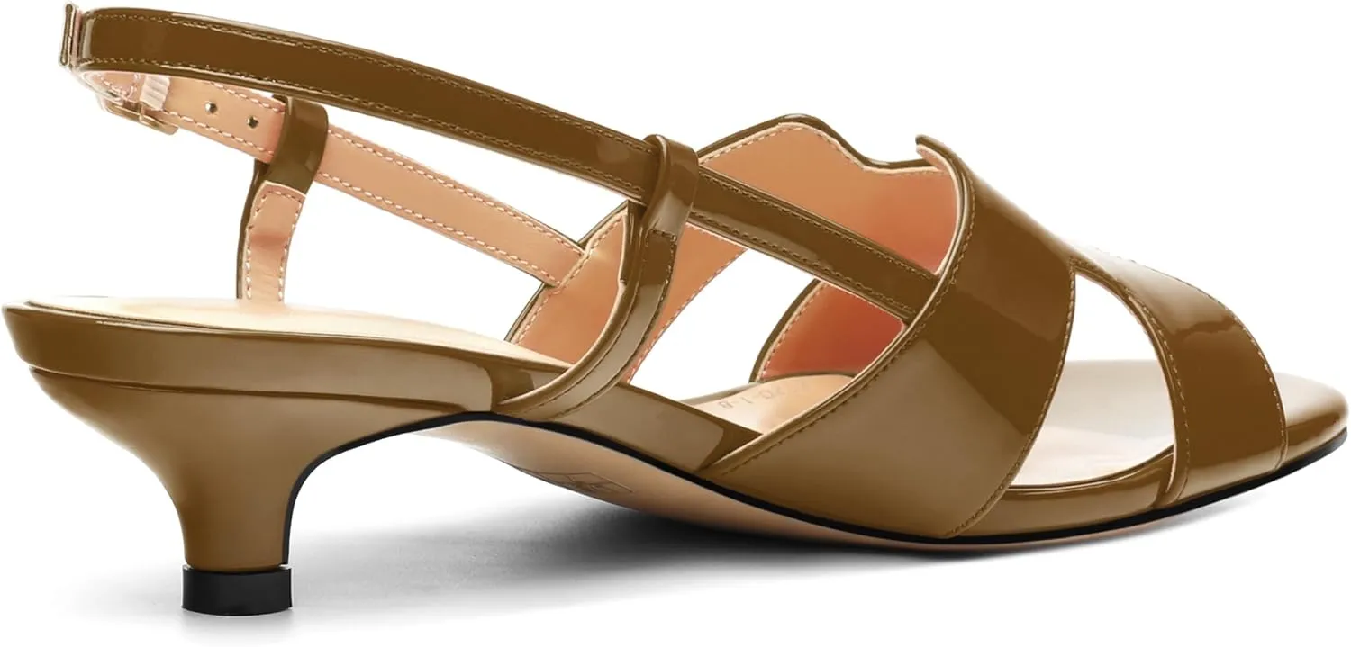 Women's Slingback Strappy Heels Open Round Toe Low kitten Heeled Sandals Patent Buckle Shoes for Women Comfortable Casual 1.5 Inch