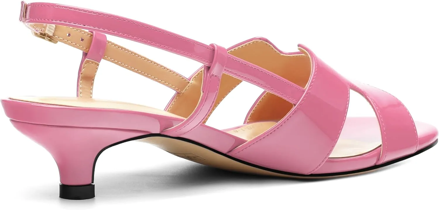 Women's Slingback Strappy Heels Open Round Toe Low kitten Heeled Sandals Patent Buckle Shoes for Women Comfortable Casual 1.5 Inch