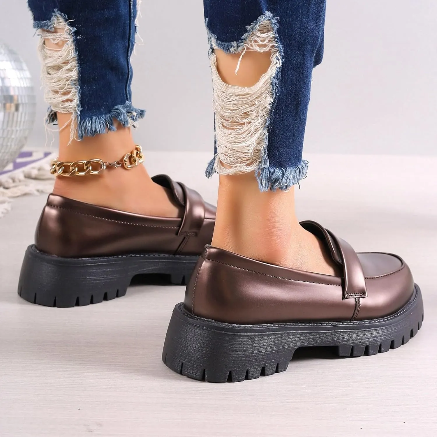 Womens Slip On Penny Loafers Height Enhancing Loafer Shoes Glossy Leather Work Shoes Wide Width Dress Shoes for Women
