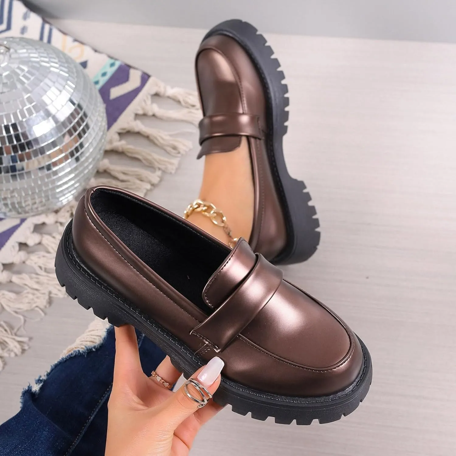 Womens Slip On Penny Loafers Height Enhancing Loafer Shoes Glossy Leather Work Shoes Wide Width Dress Shoes for Women