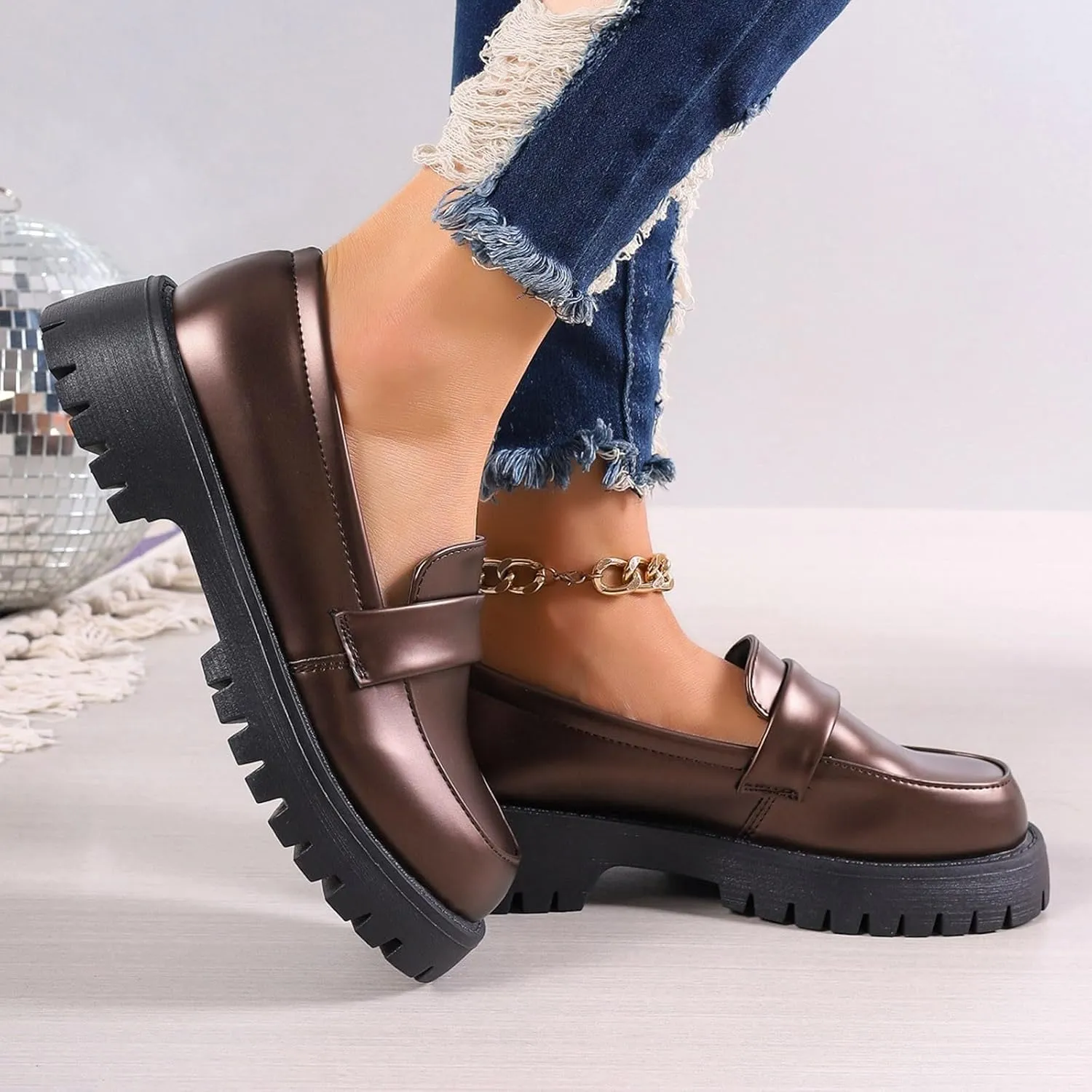Womens Slip On Penny Loafers Height Enhancing Loafer Shoes Glossy Leather Work Shoes Wide Width Dress Shoes for Women