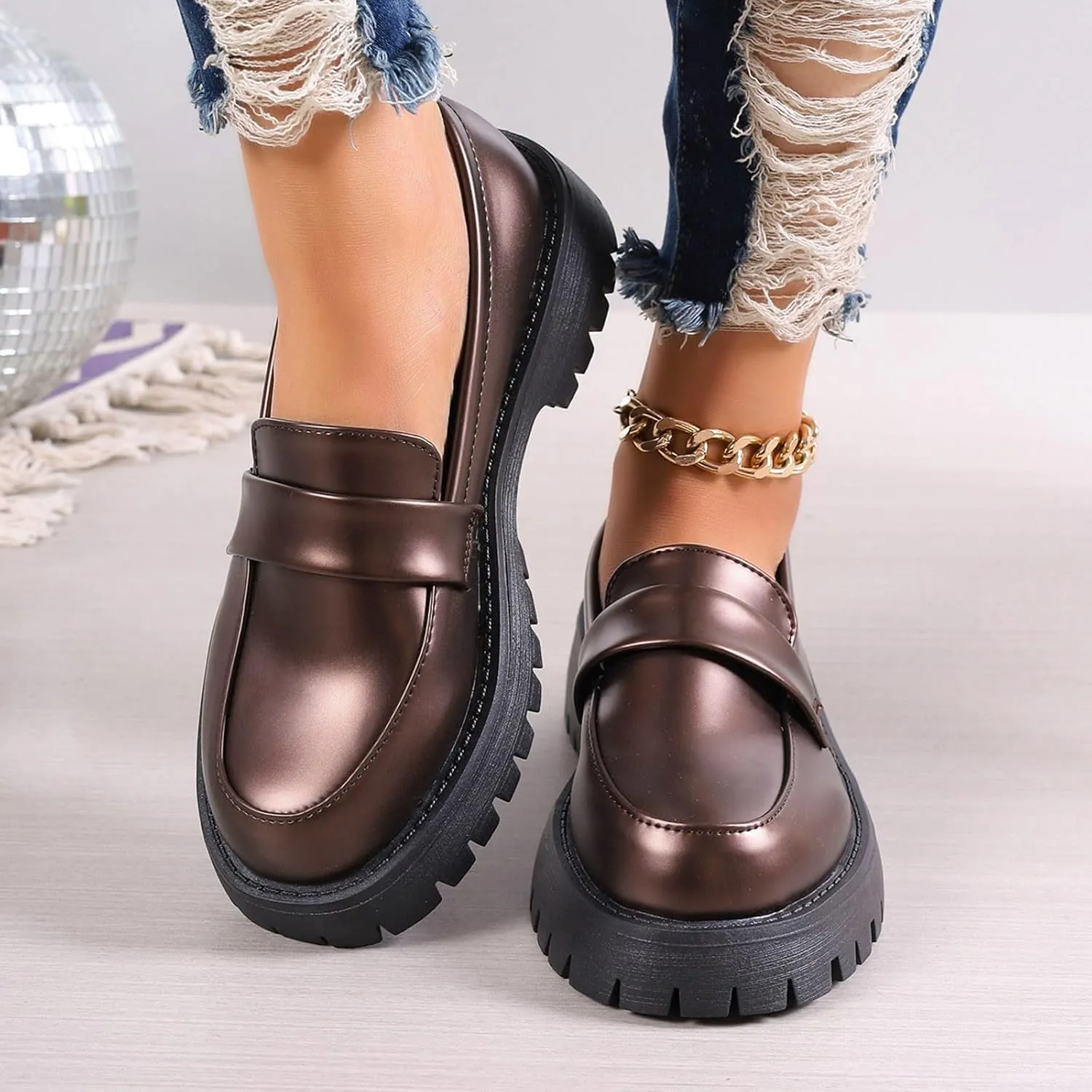 Womens Slip On Penny Loafers Height Enhancing Loafer Shoes Glossy Leather Work Shoes Wide Width Dress Shoes for Women