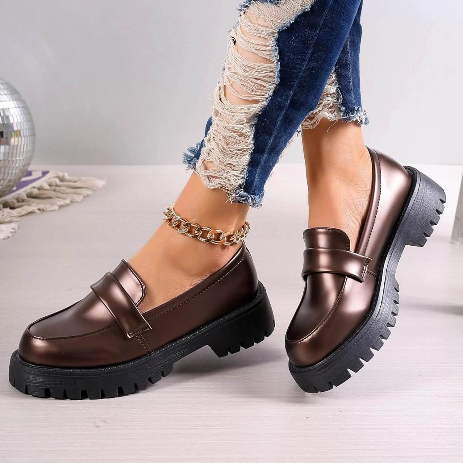 Womens Slip On Penny Loafers Height Enhancing Loafer Shoes Glossy Leather Work Shoes Wide Width Dress Shoes for Women
