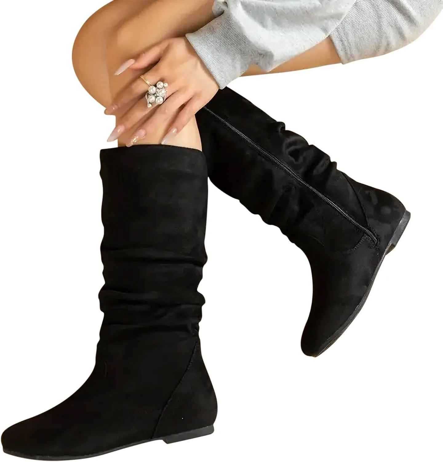 Women's Slouchy Mid Calf Boots Zip up Flat Boots Comfortable Round Toe Fall Weather Winter Dress Boots