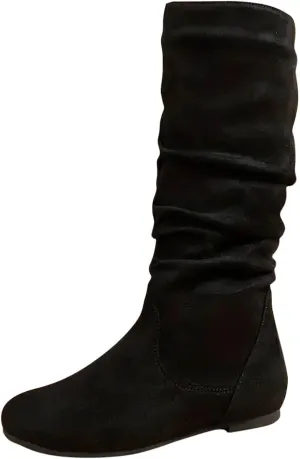 Women's Slouchy Mid Calf Boots Zip up Flat Boots Comfortable Round Toe Fall Weather Winter Dress Boots