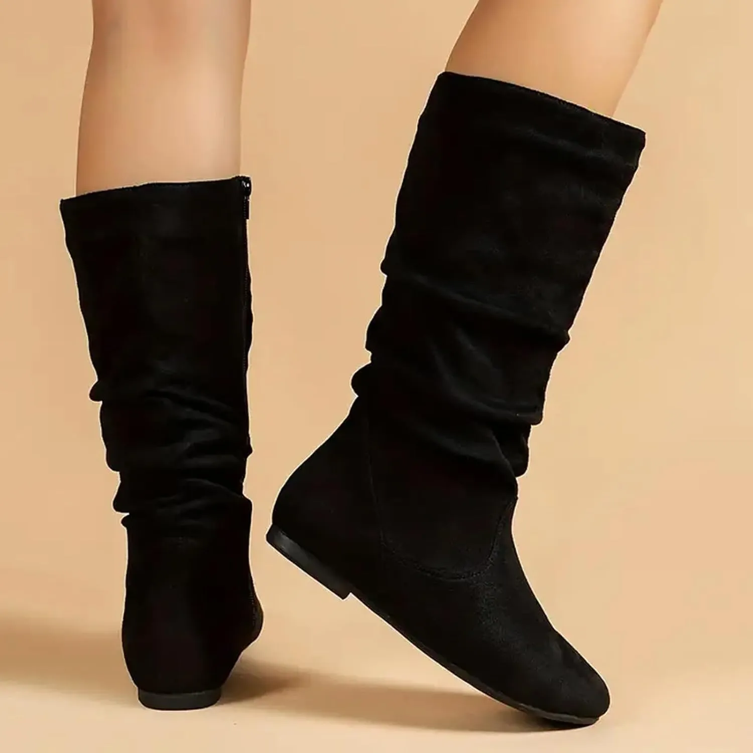 Women's Slouchy Mid Calf Boots Zip up Flat Boots Comfortable Round Toe Fall Weather Winter Dress Boots