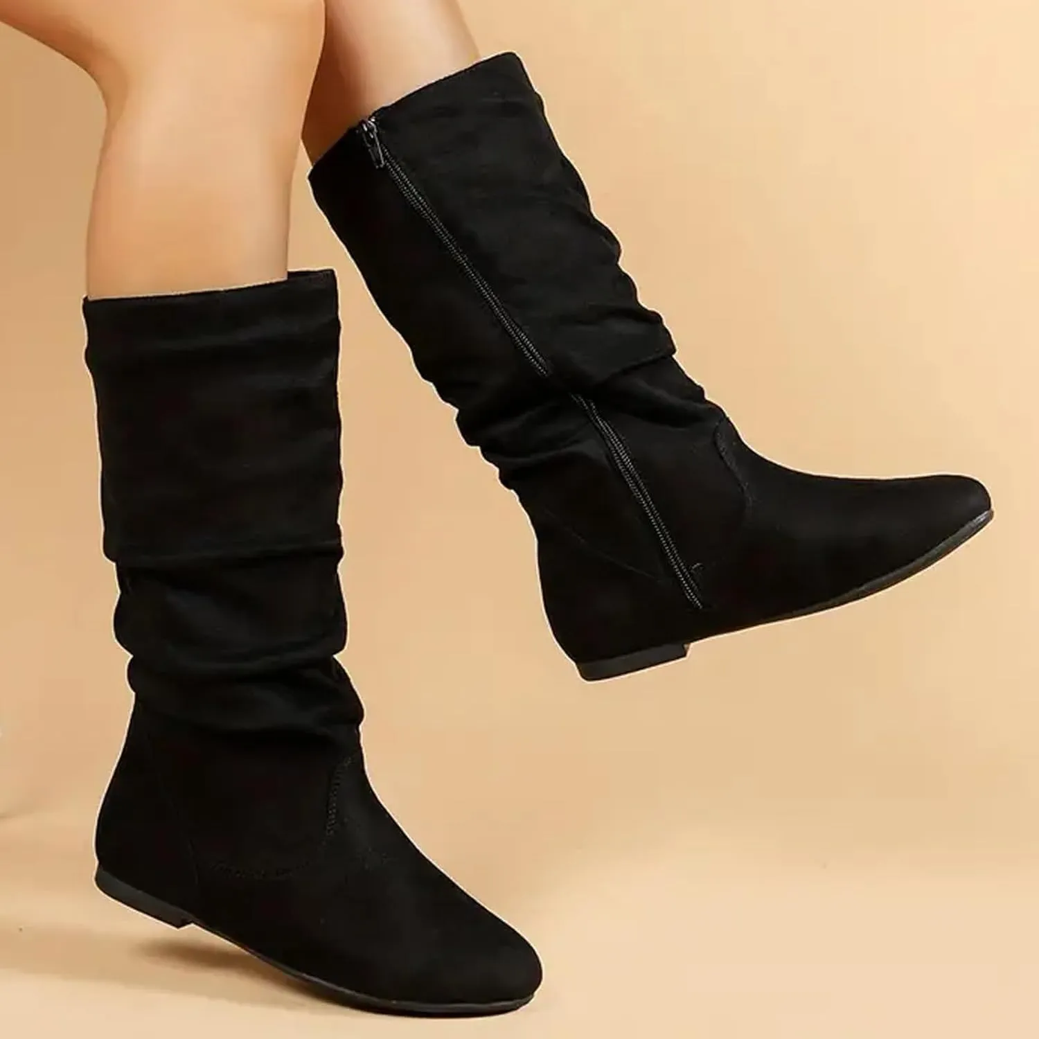 Women's Slouchy Mid Calf Boots Zip up Flat Boots Comfortable Round Toe Fall Weather Winter Dress Boots