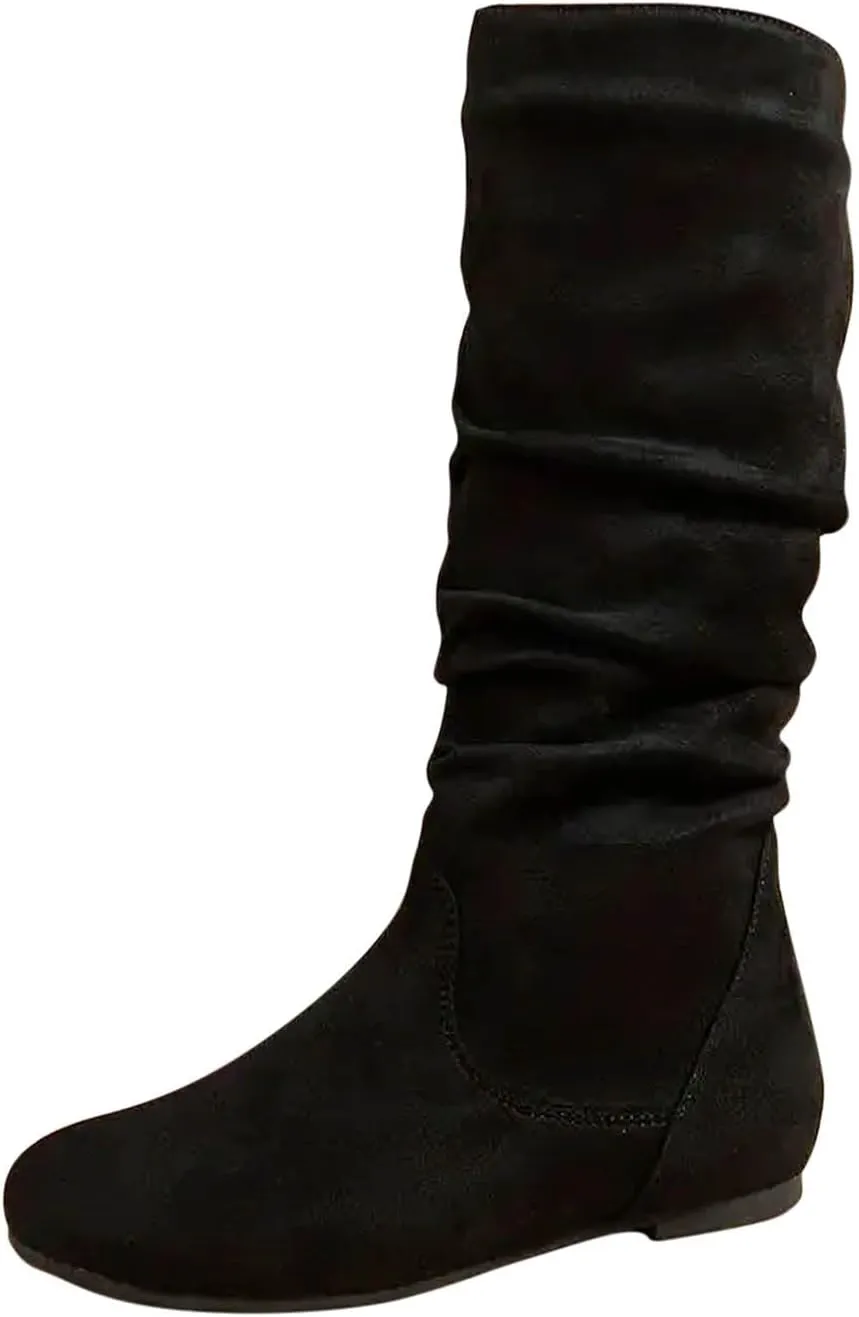 Women's Slouchy Mid Calf Boots Zip up Flat Boots Comfortable Round Toe Fall Weather Winter Dress Boots