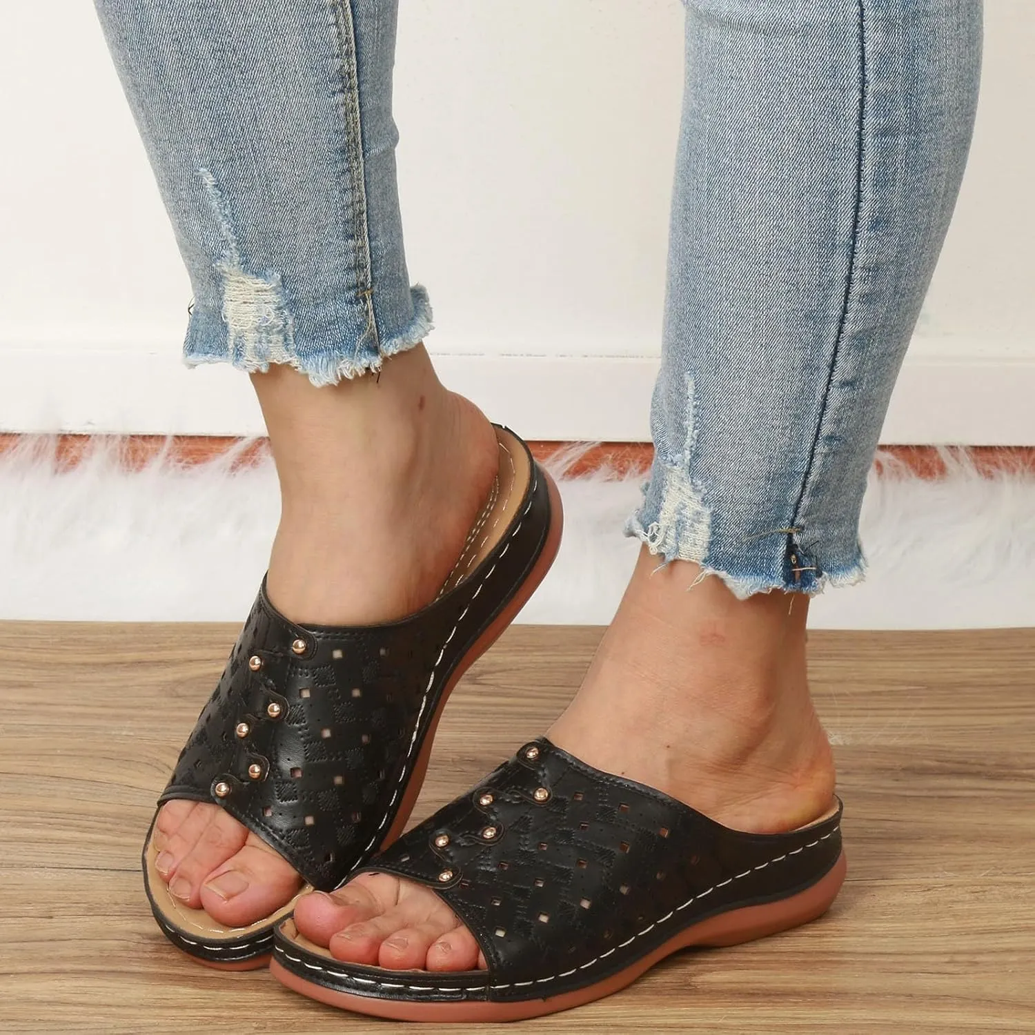 Women's Soft Soled Cushioned Wedge Slide Open Toe Wedge Sandals Versatile Sandals Breathable Casual Sandals