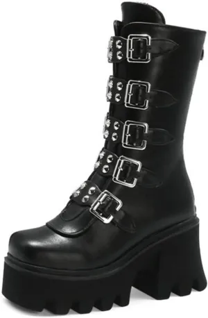 Women's Studded Mid Calf Boots Thick Platform Round Toe Black Goth Punk Buckle Rivet Combat lady boots Knee High Combat Boots 5 Buckle