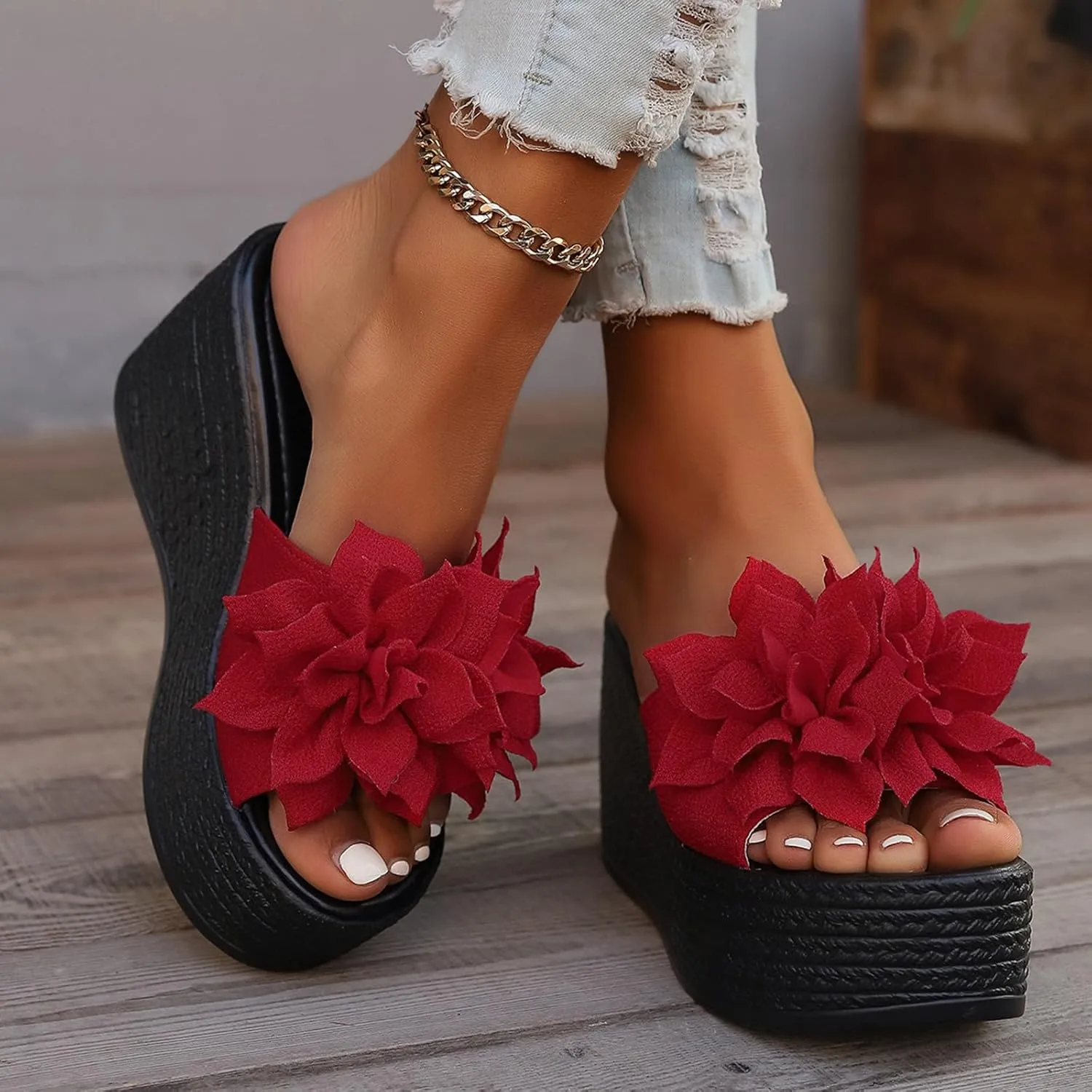 Women's Summer Shoes Beach Casual Slip On Platform Wedge Sandals with Flower Vintage Fashion Boho Wedge Slides
