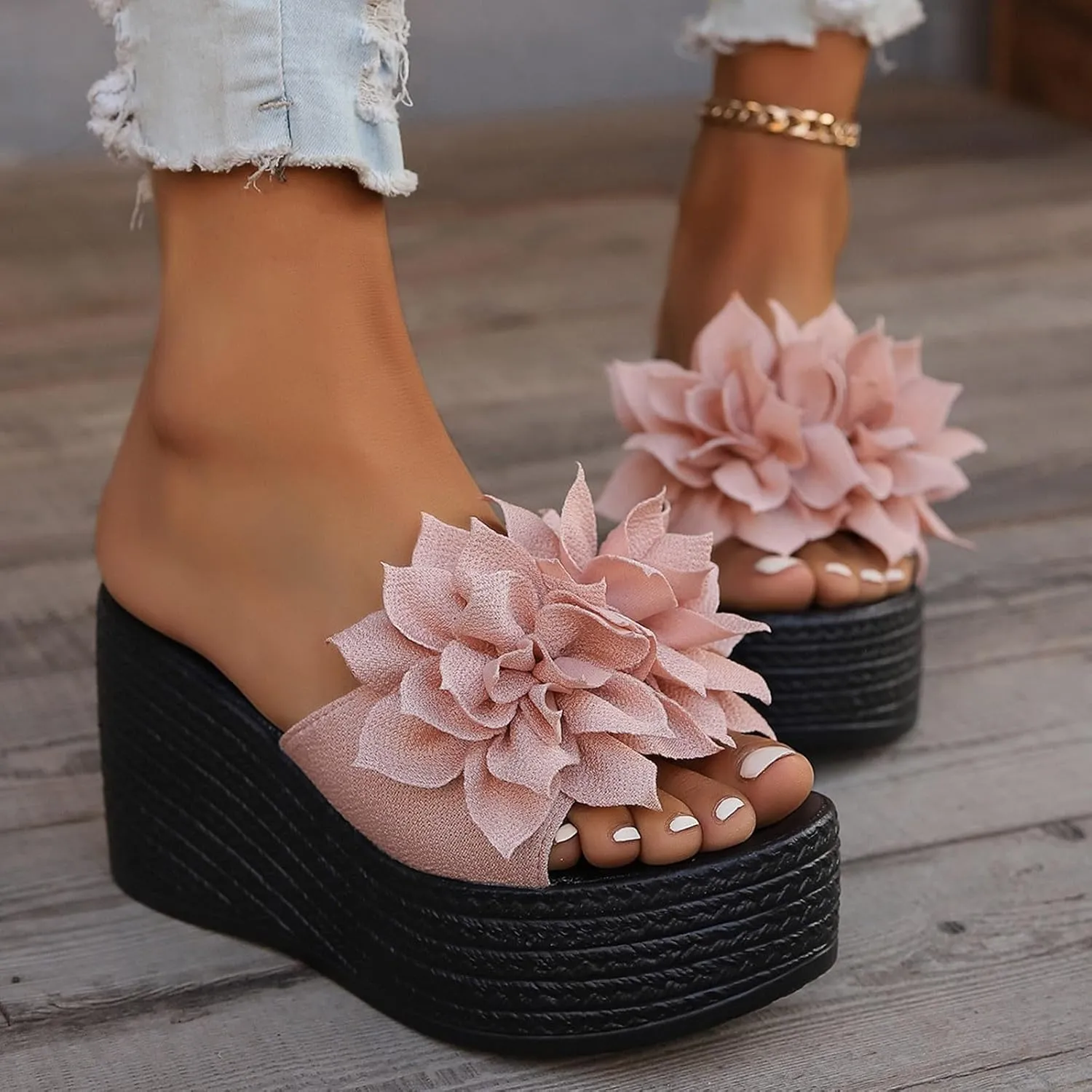 Women's Summer Shoes Beach Casual Slip On Platform Wedge Sandals with Flower Vintage Fashion Boho Wedge Slides
