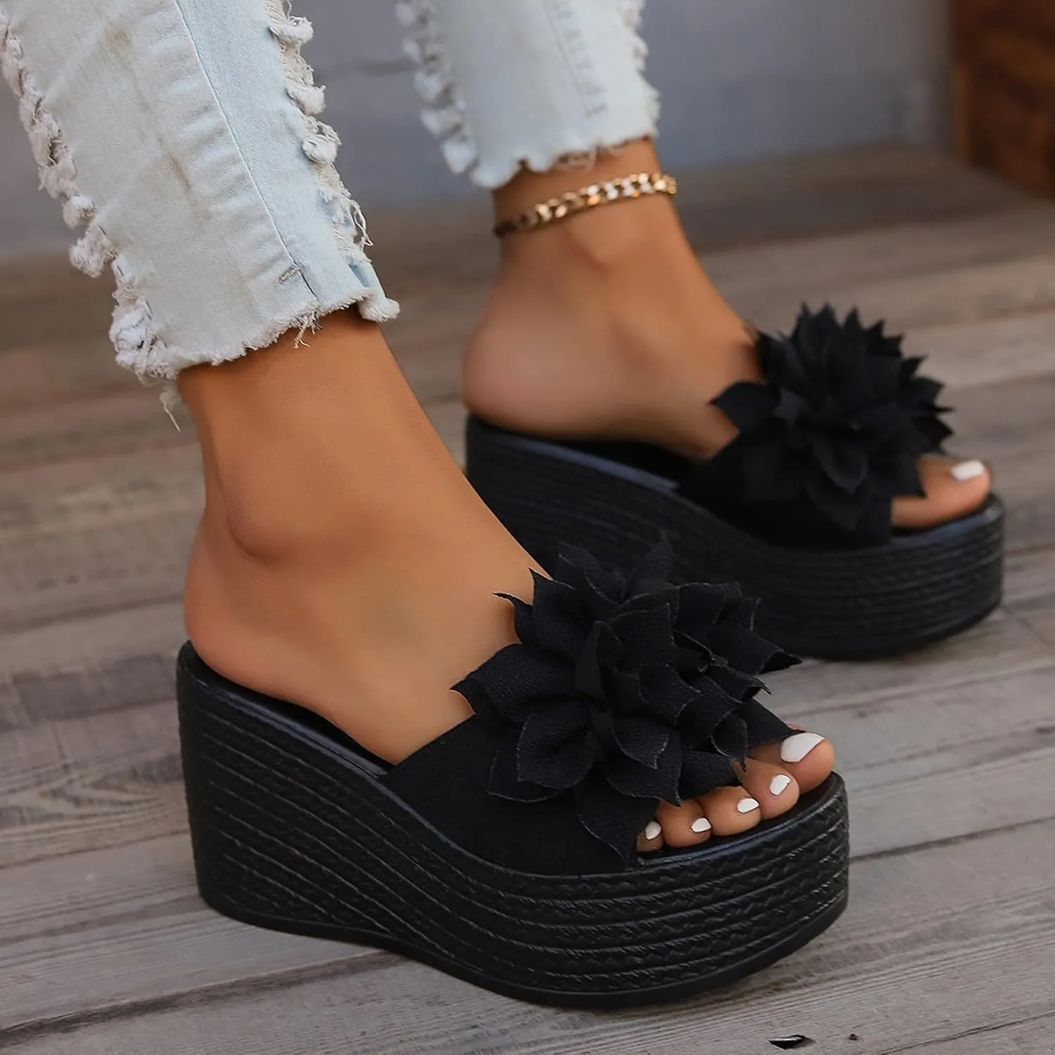 Women's Summer Shoes Beach Casual Slip On Platform Wedge Sandals with Flower Vintage Fashion Boho Wedge Slides