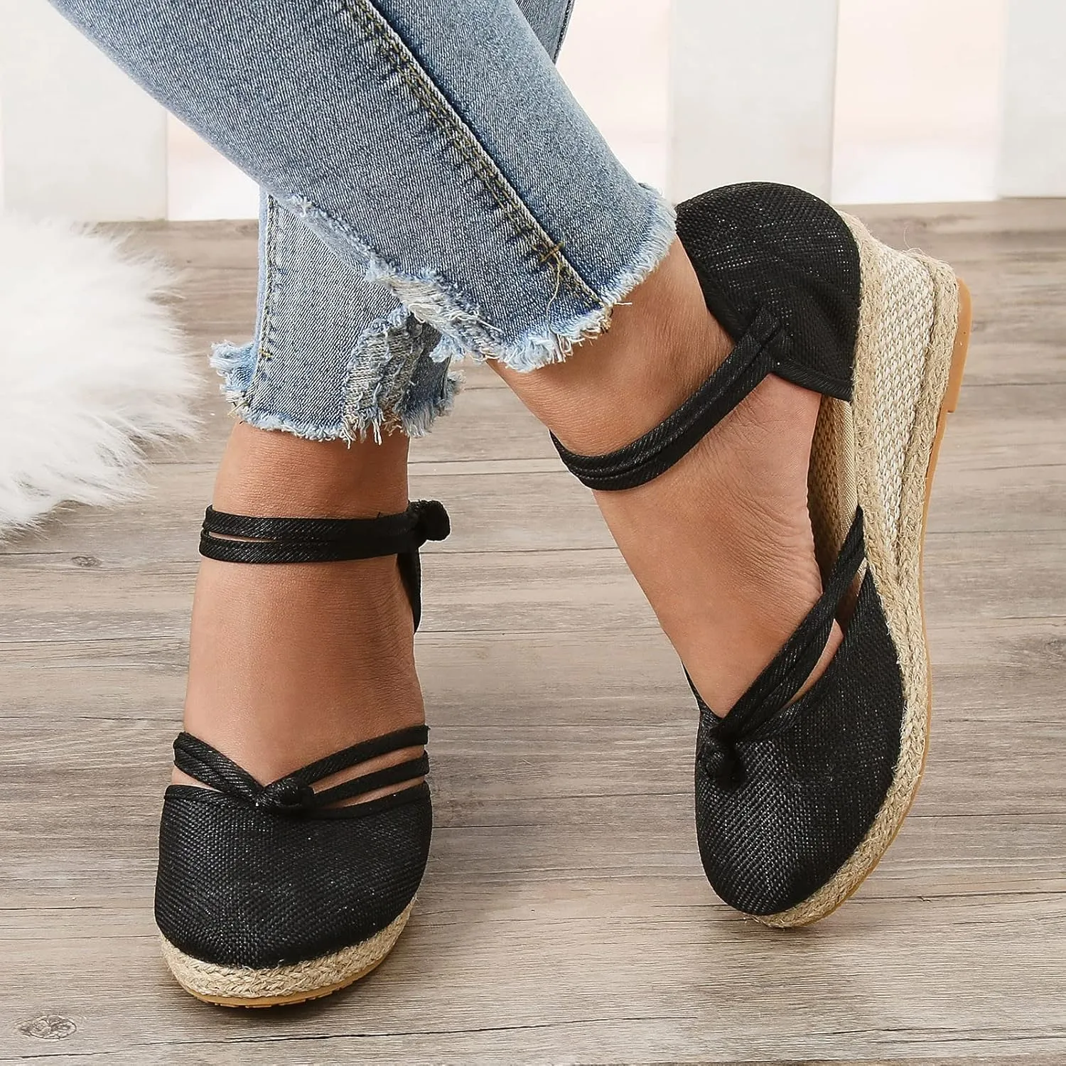 Women's Wedge Sandals Closed Toe Espadrille Sandals With Ankle Wrap Classic Summer Platform Sandals Dressy Canvas Sandals