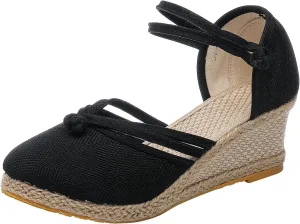Women's Wedge Sandals Closed Toe Espadrille Sandals With Ankle Wrap Classic Summer Platform Sandals Dressy Canvas Sandals