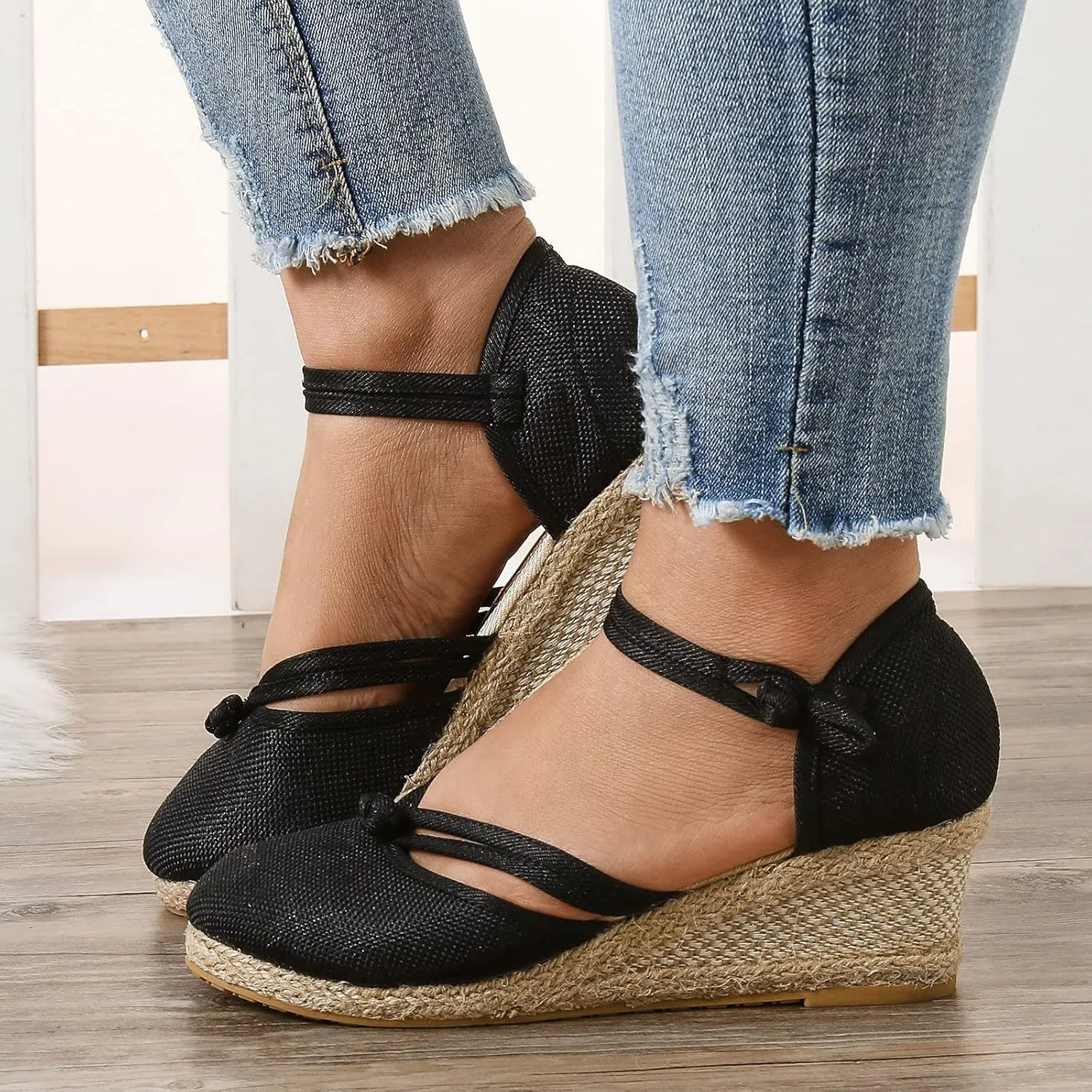 Women's Wedge Sandals Closed Toe Espadrille Sandals With Ankle Wrap Classic Summer Platform Sandals Dressy Canvas Sandals