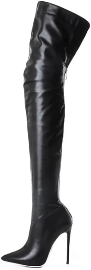 YING LAN Women Over the Knee High Boots,Sexy Zipper Pointed Toe High Heel Leather Surgical Stretch Riding Thigh High Boots