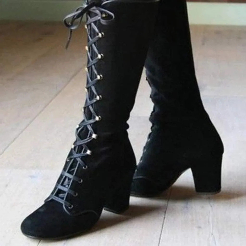 ZBYY Women's Knee High Mid Calf Boots Lace Up Adjustable Straps Chunky High Heels Casual Motorcycle Military Riding Booties