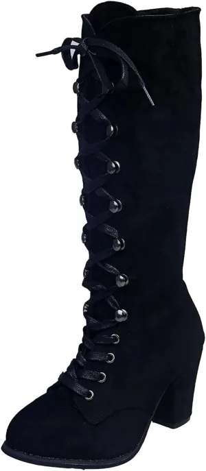 ZBYY Women's Knee High Mid Calf Boots Lace Up Adjustable Straps Chunky High Heels Casual Motorcycle Military Riding Booties