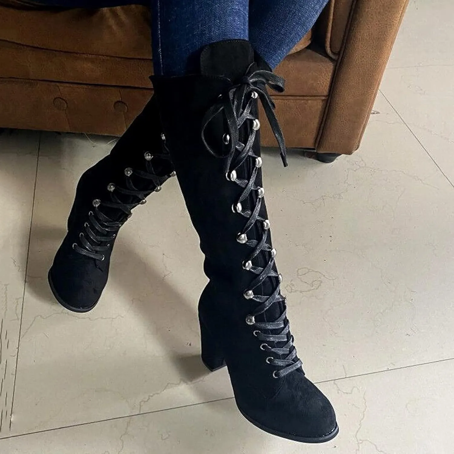 ZBYY Women's Knee High Mid Calf Boots Lace Up Adjustable Straps Chunky High Heels Casual Motorcycle Military Riding Booties