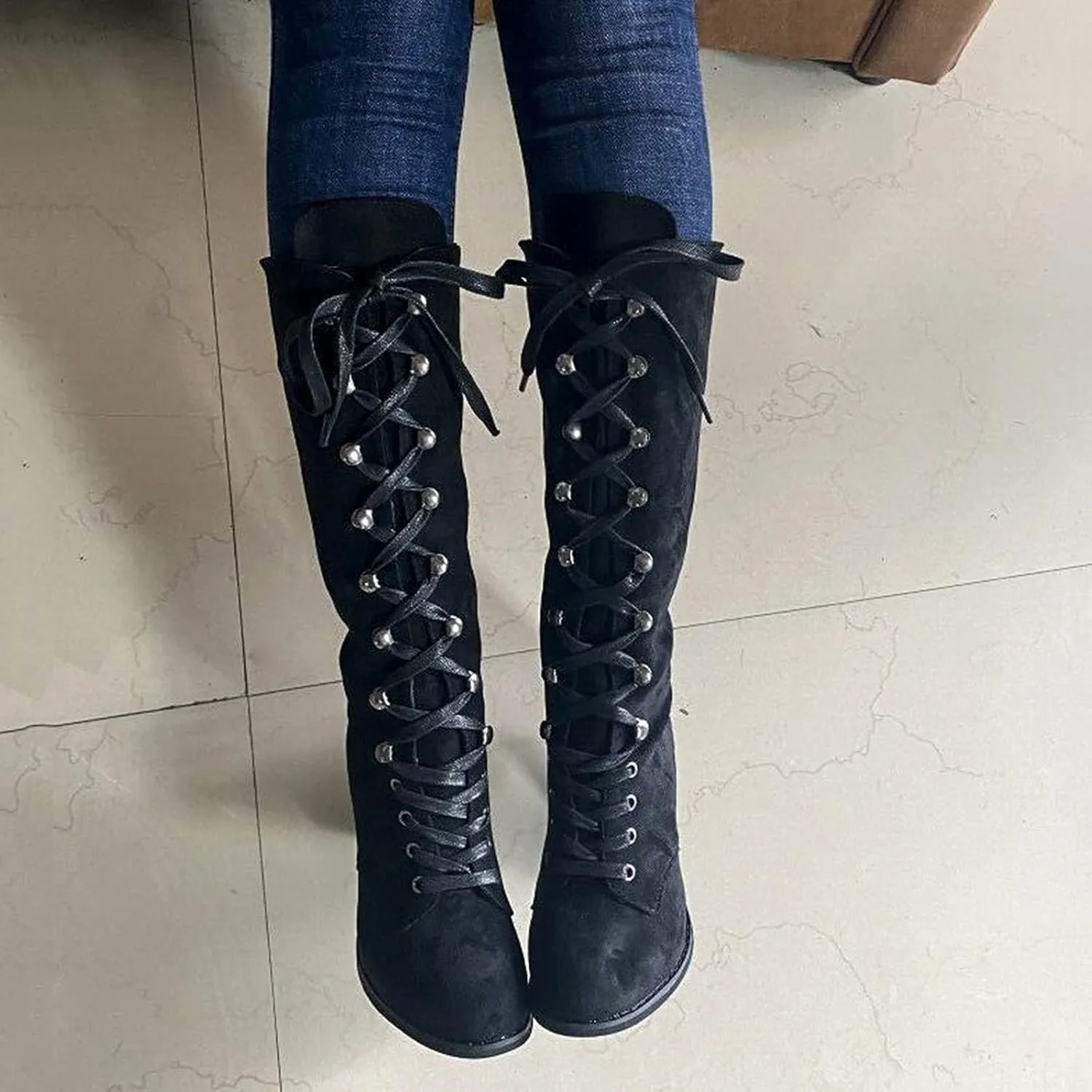 ZBYY Women's Knee High Mid Calf Boots Lace Up Adjustable Straps Chunky High Heels Casual Motorcycle Military Riding Booties