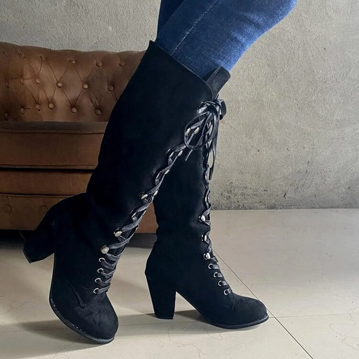 ZBYY Women's Knee High Mid Calf Boots Lace Up Adjustable Straps Chunky High Heels Casual Motorcycle Military Riding Booties