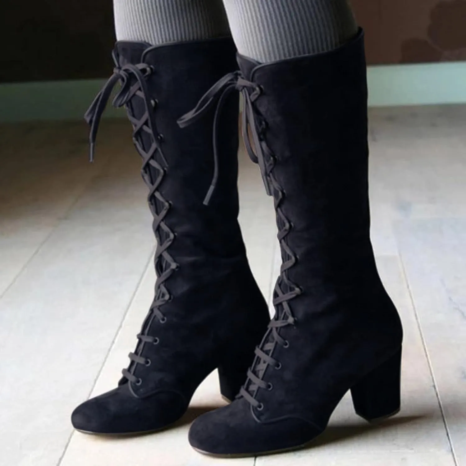 ZBYY Women's Knee High Mid Calf Boots Lace Up Adjustable Straps Chunky High Heels Casual Motorcycle Military Riding Booties