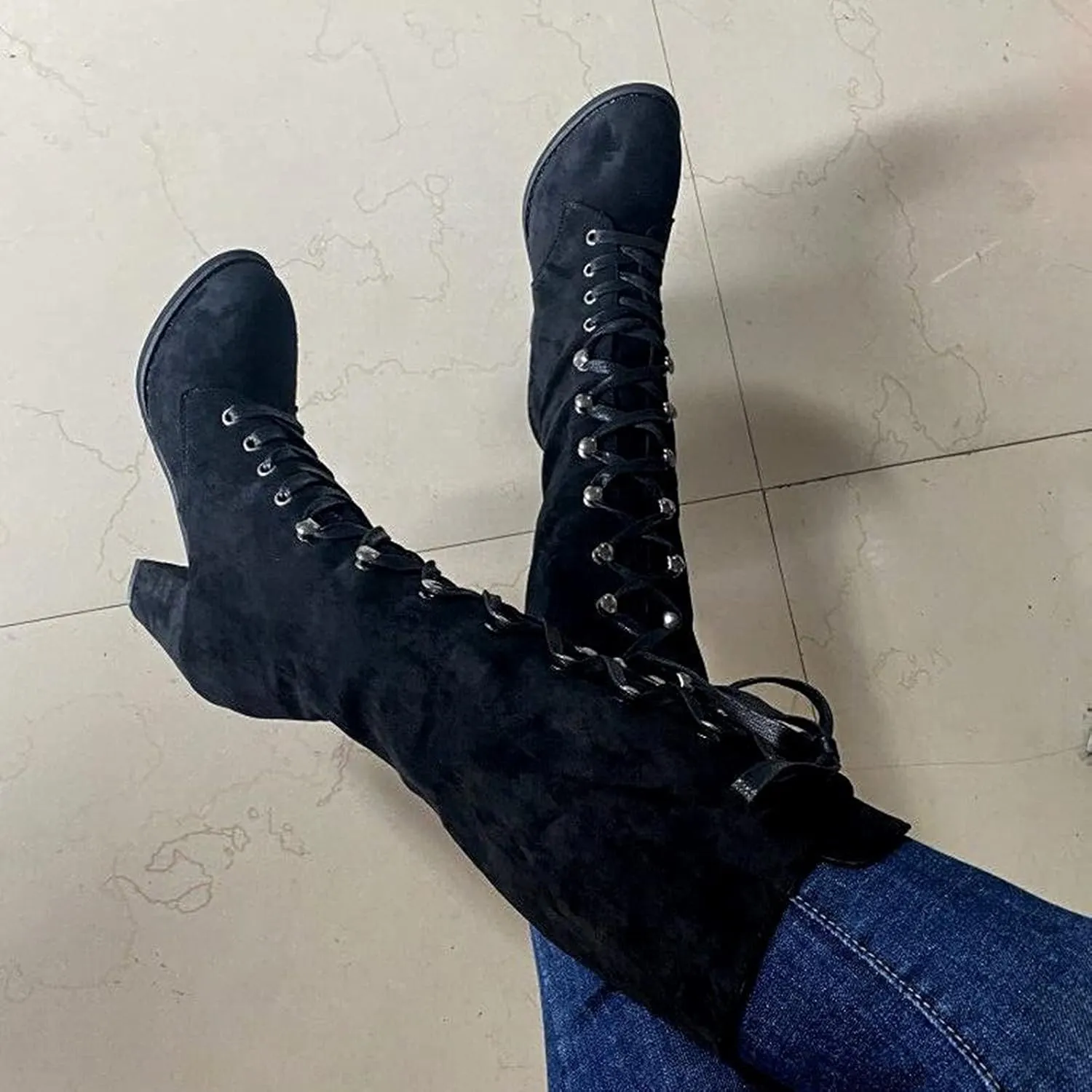 ZBYY Women's Knee High Mid Calf Boots Lace Up Adjustable Straps Chunky High Heels Casual Motorcycle Military Riding Booties