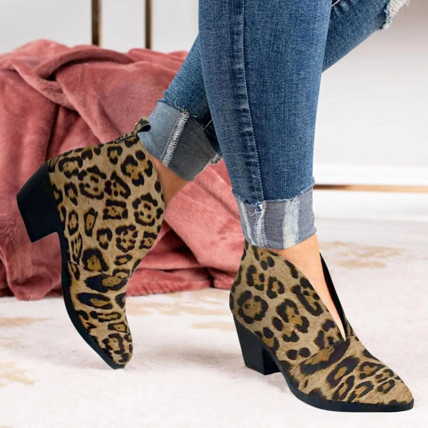ZBYY Womens Pointed Toe Ankle Boots V Cut Back Zipper Chelsea Booties Slip On Chunky Low Heel Dressy Western Booties